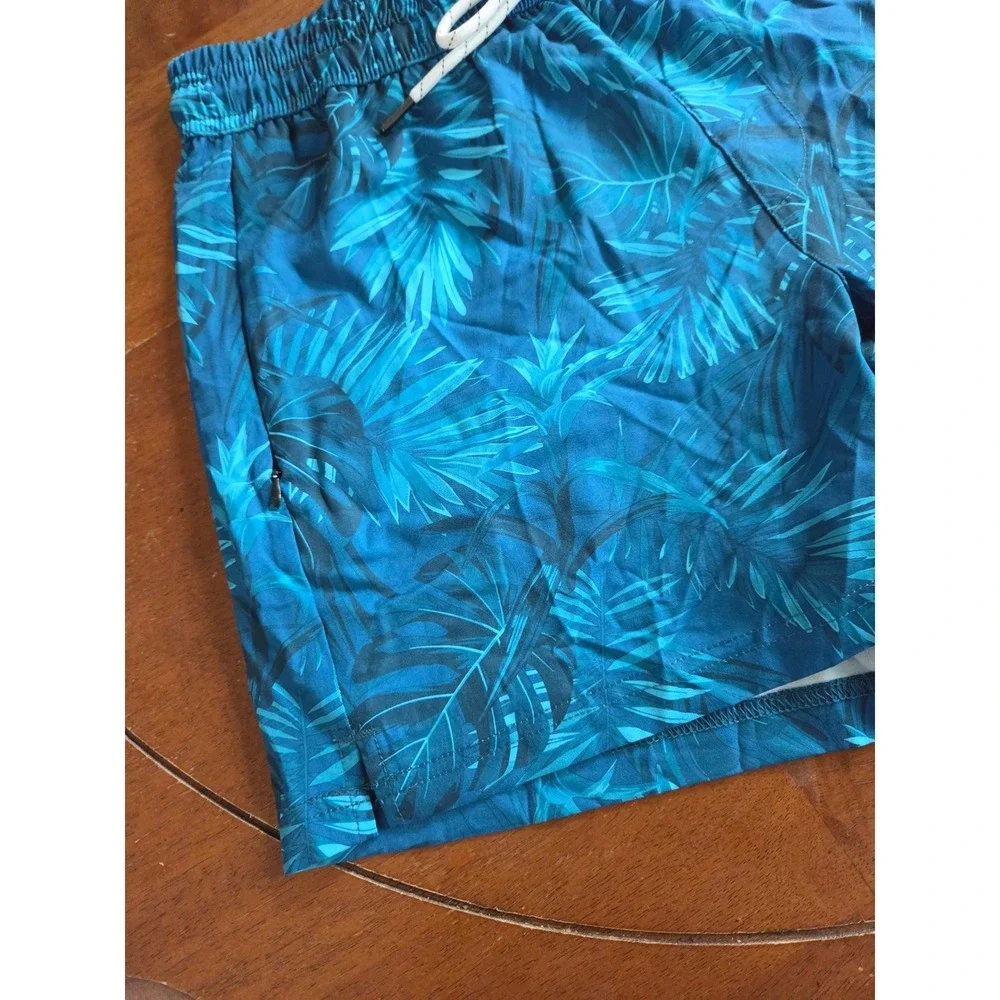 Brisira Mens Teal Tropical Swim Trunks Compression Liner Small 30 pocket shorts